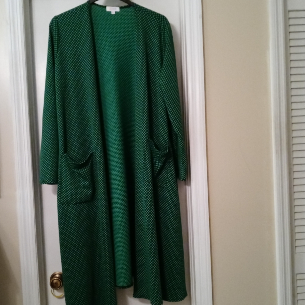 LuLaRoe Sarah XL Duster Green Black Polka Dot Open Front Long Sleeve Pockets.